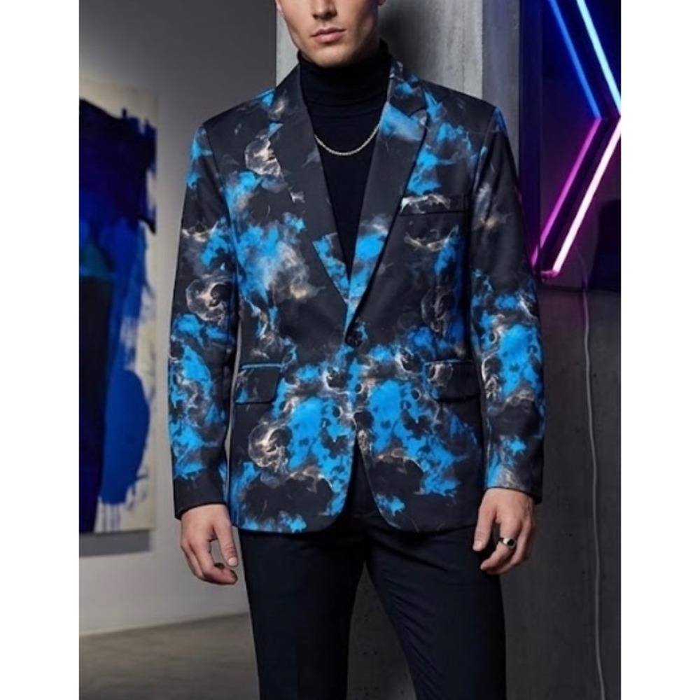 Mens Blue Smoke Fire Print Single Button Blazer Jacket Slim Fit 44R Sport Coat‎